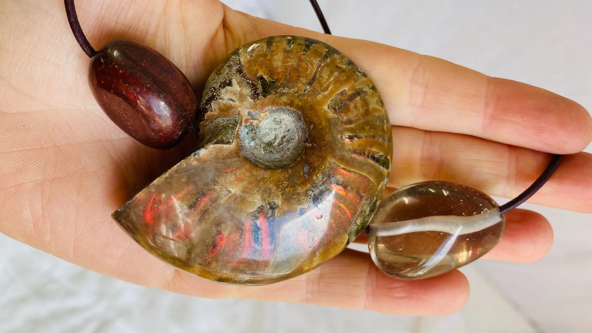 Ammonite, Red Tiger's Eye and Smoky Quartz Pendant Necklace.