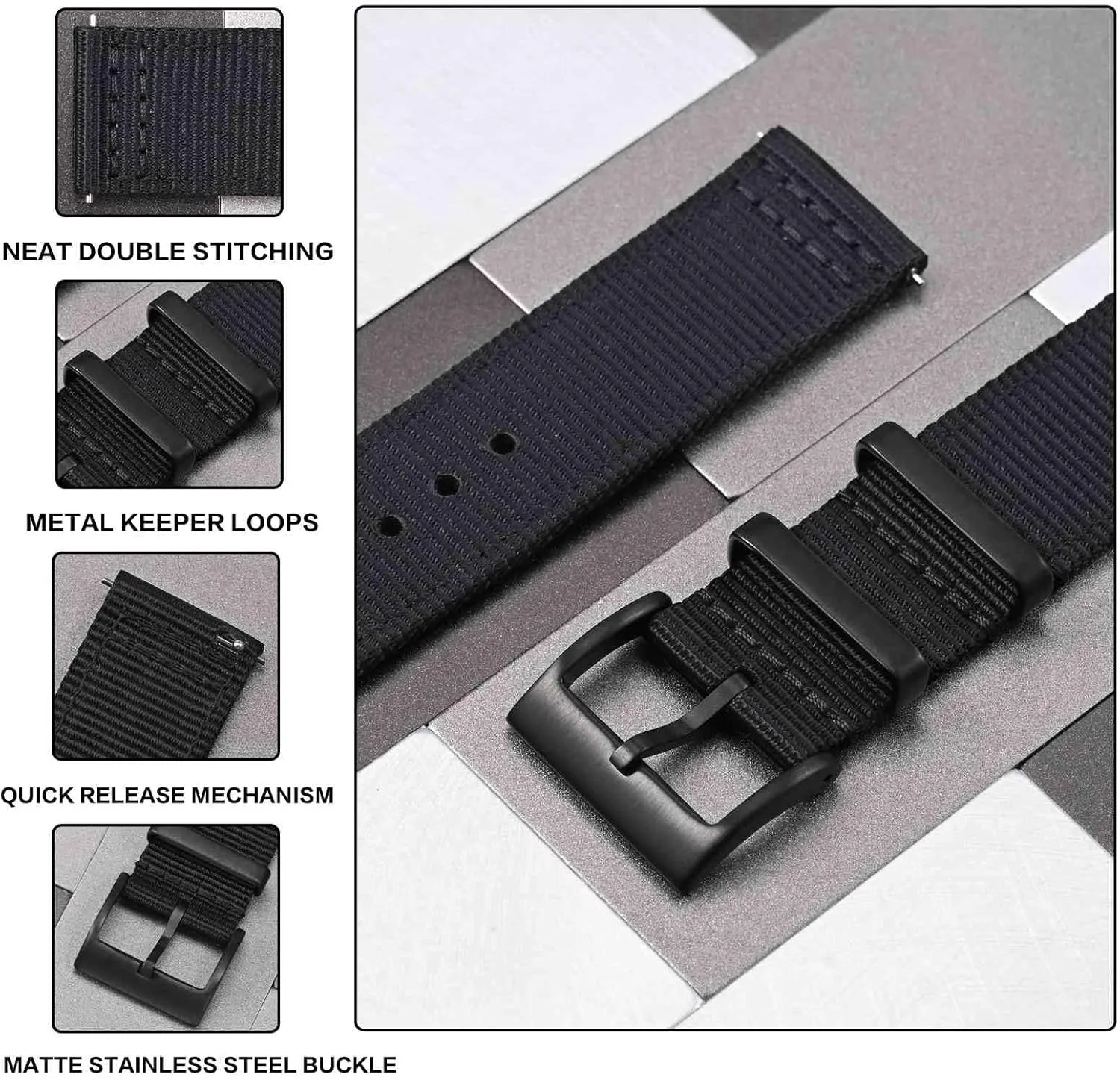Anbeer Two-Piece Quick Release Nylon Watch Strap with Metal Loop, Double Layered Woven Nylon Watch Band