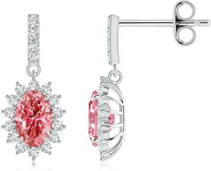 ANGARA Lab Grown Fancy Intense Pink Diamond Dangle Earrings with Floral Halo in 14K Solid Gold/Platinum | Birthday, Engagement, Anniversary, Wedding Jewelry Gift for Women