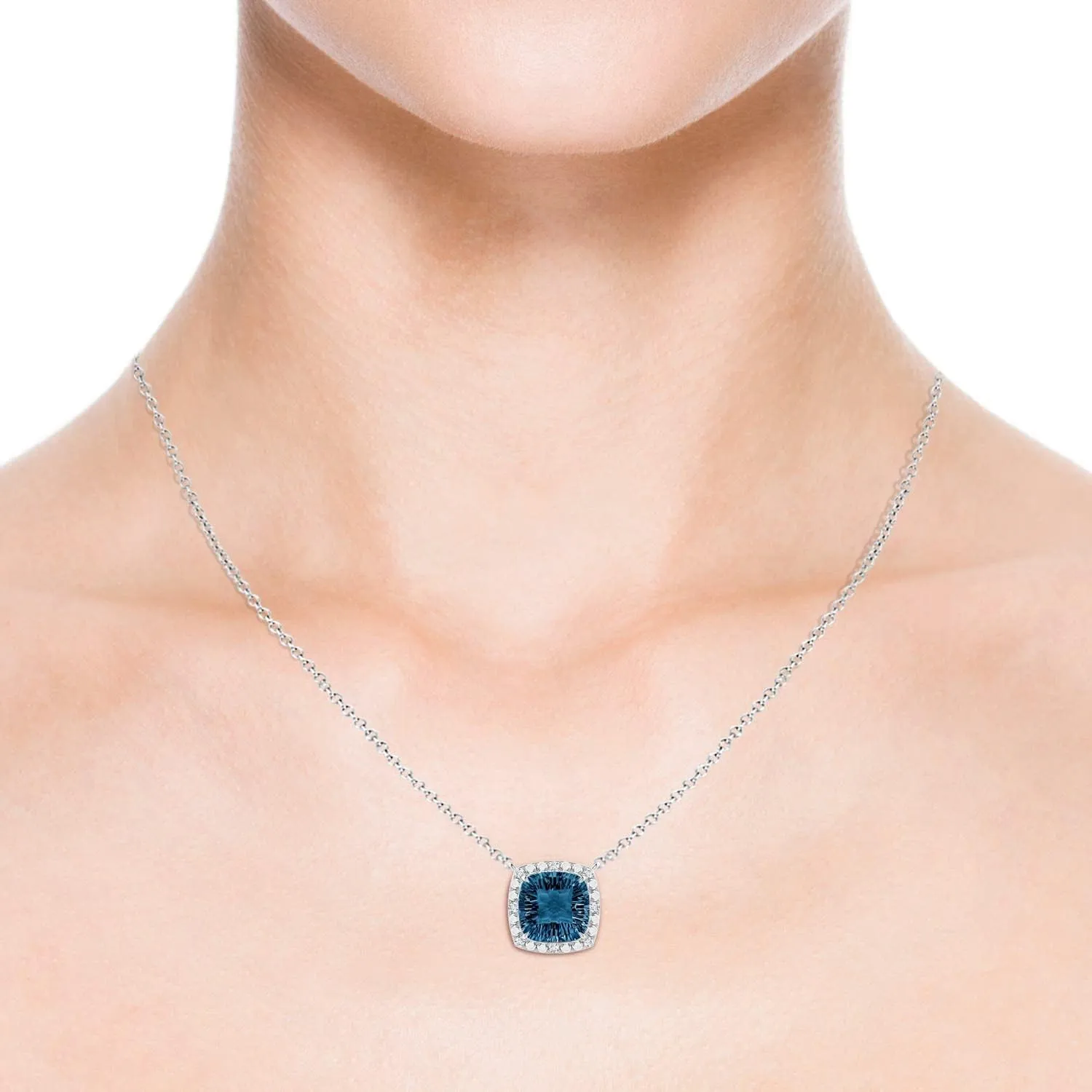 Angara Natural Claw-Set Cushion London Blue Topaz Pendant with Beaded Halo in 14K Solid Gold/Platinum | November Birthstone, Birthday, Engagement, Anniversary, Wedding Jewelry Gift for Women