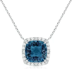 Angara Natural Claw-Set Cushion London Blue Topaz Pendant with Beaded Halo in 14K Solid Gold/Platinum | November Birthstone, Birthday, Engagement, Anniversary, Wedding Jewelry Gift for Women
