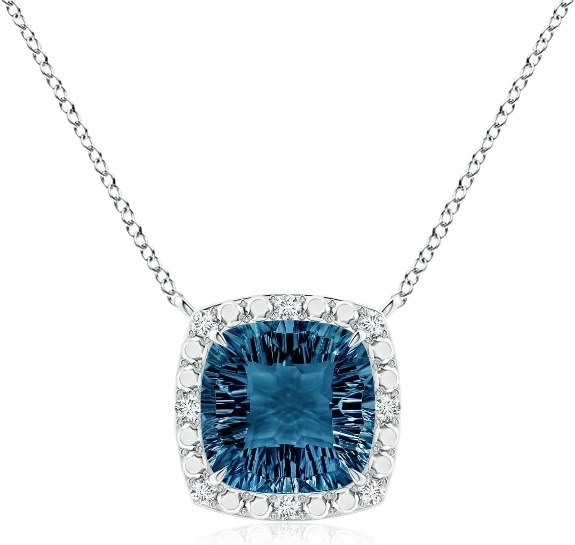 Angara Natural Claw-Set Cushion London Blue Topaz Pendant with Beaded Halo in 14K Solid Gold/Platinum | November Birthstone, Birthday, Engagement, Anniversary, Wedding Jewelry Gift for Women
