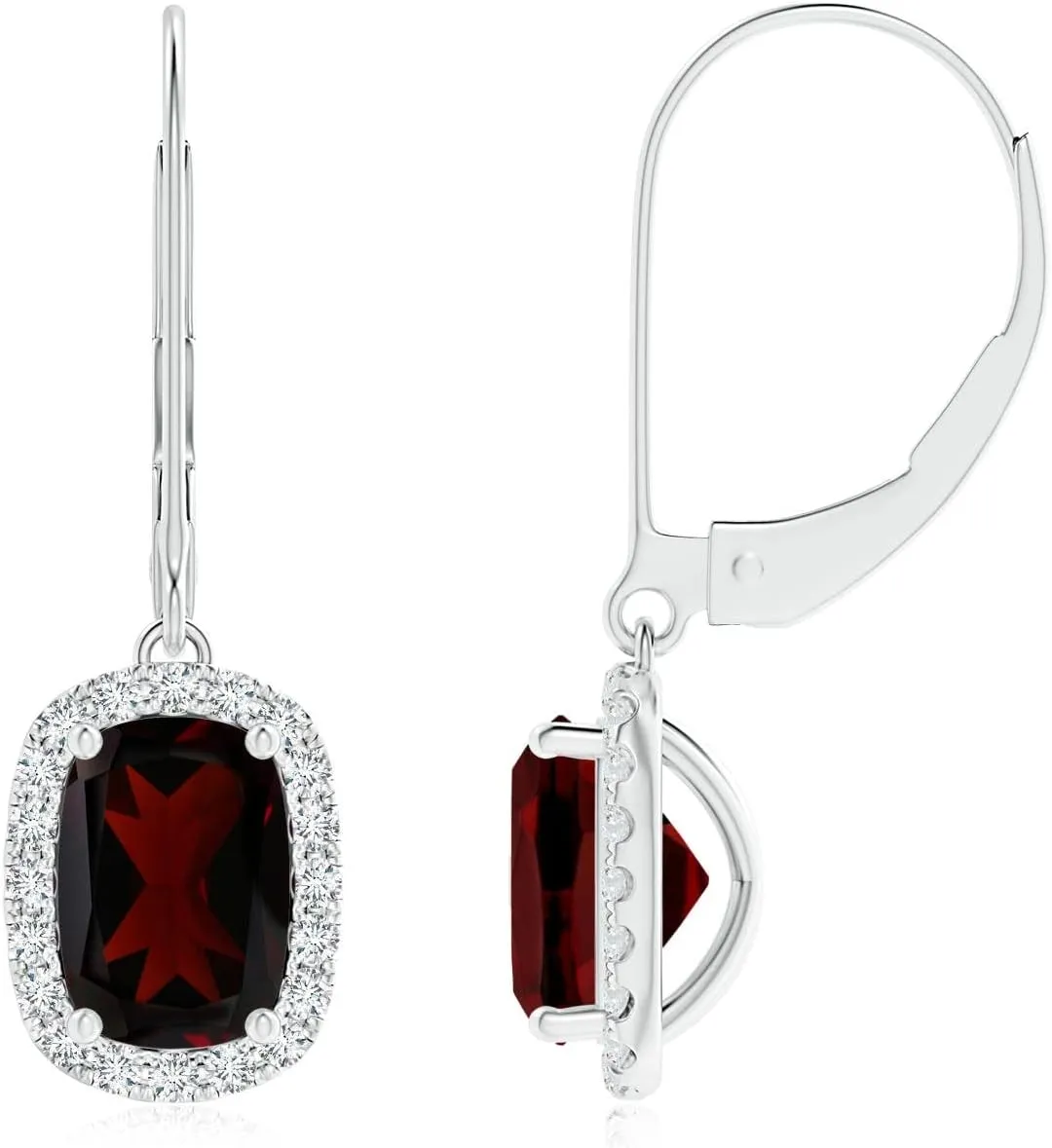 ANGARA Natural Cushion Garnet Leverback Earrings with Diamond Halo in 14K Solid Gold/Platinum | January Birthstone, Birthday, Engagement, Anniversary, Wedding Jewelry Gift for Women