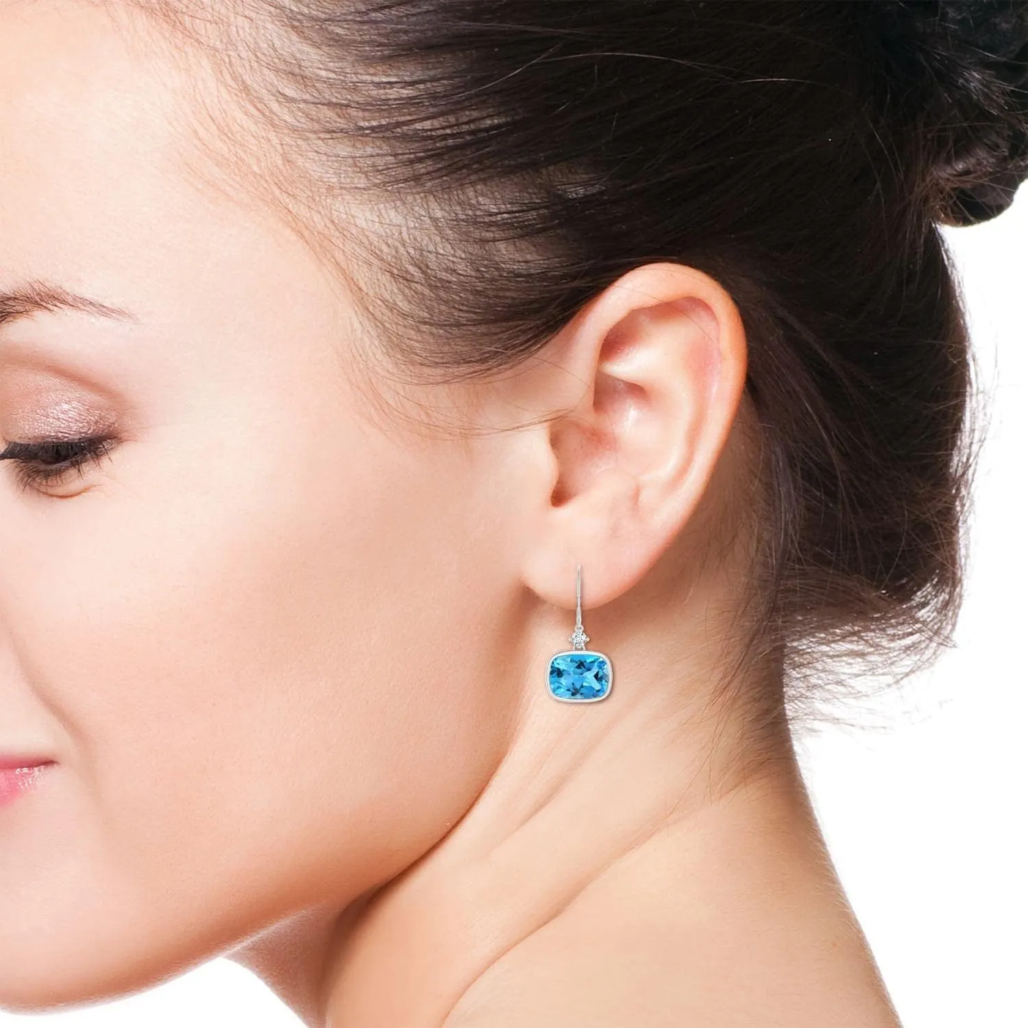 ANGARA Natural Cushion Swiss Blue Topaz and Diamond Dangle Earrings in 14K Solid Gold/Platinum | November Birthstone, Birthday, Engagement, Anniversary, Wedding Jewelry Gift for Women
