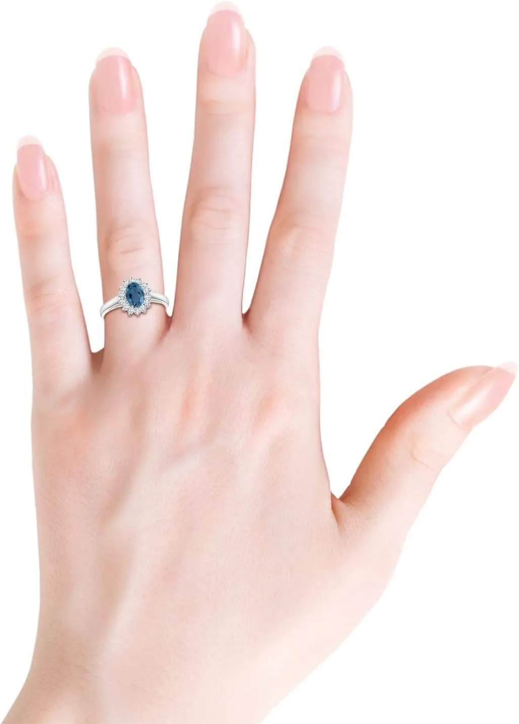 Angara Natural Princess Diana Inspired London Blue Topaz Ring with Halo in Silver / 14K Solid Gold/Platinum | November Birthstone, Birthday, Engagement, Anniversary, Wedding Jewelry Gift for Women
