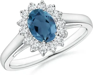 Angara Natural Princess Diana Inspired London Blue Topaz Ring with Halo in Silver / 14K Solid Gold/Platinum | November Birthstone, Birthday, Engagement, Anniversary, Wedding Jewelry Gift for Women