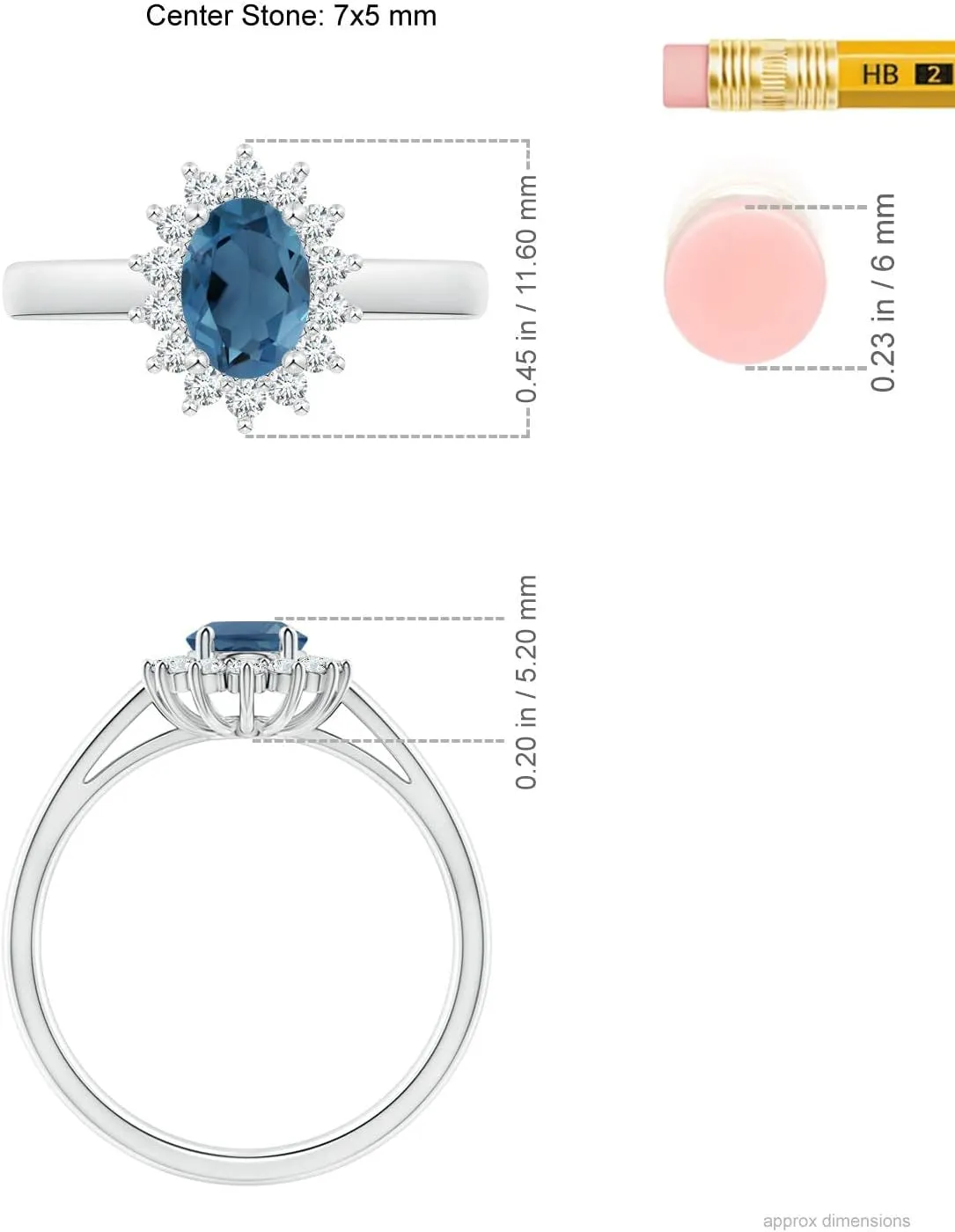 Angara Natural Princess Diana Inspired London Blue Topaz Ring with Halo in Silver / 14K Solid Gold/Platinum | November Birthstone, Birthday, Engagement, Anniversary, Wedding Jewelry Gift for Women