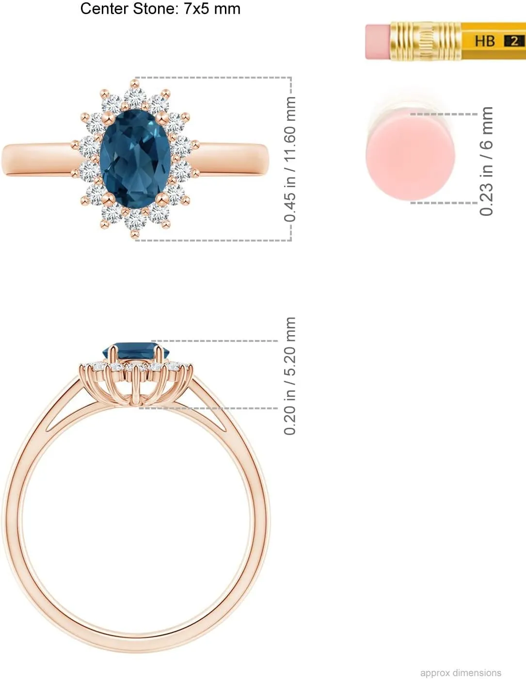 Angara Natural Princess Diana Inspired London Blue Topaz Ring with Halo in Silver / 14K Solid Gold/Platinum | November Birthstone, Birthday, Engagement, Anniversary, Wedding Jewelry Gift for Women