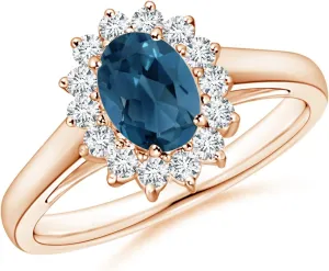 Angara Natural Princess Diana Inspired London Blue Topaz Ring with Halo in Silver / 14K Solid Gold/Platinum | November Birthstone, Birthday, Engagement, Anniversary, Wedding Jewelry Gift for Women