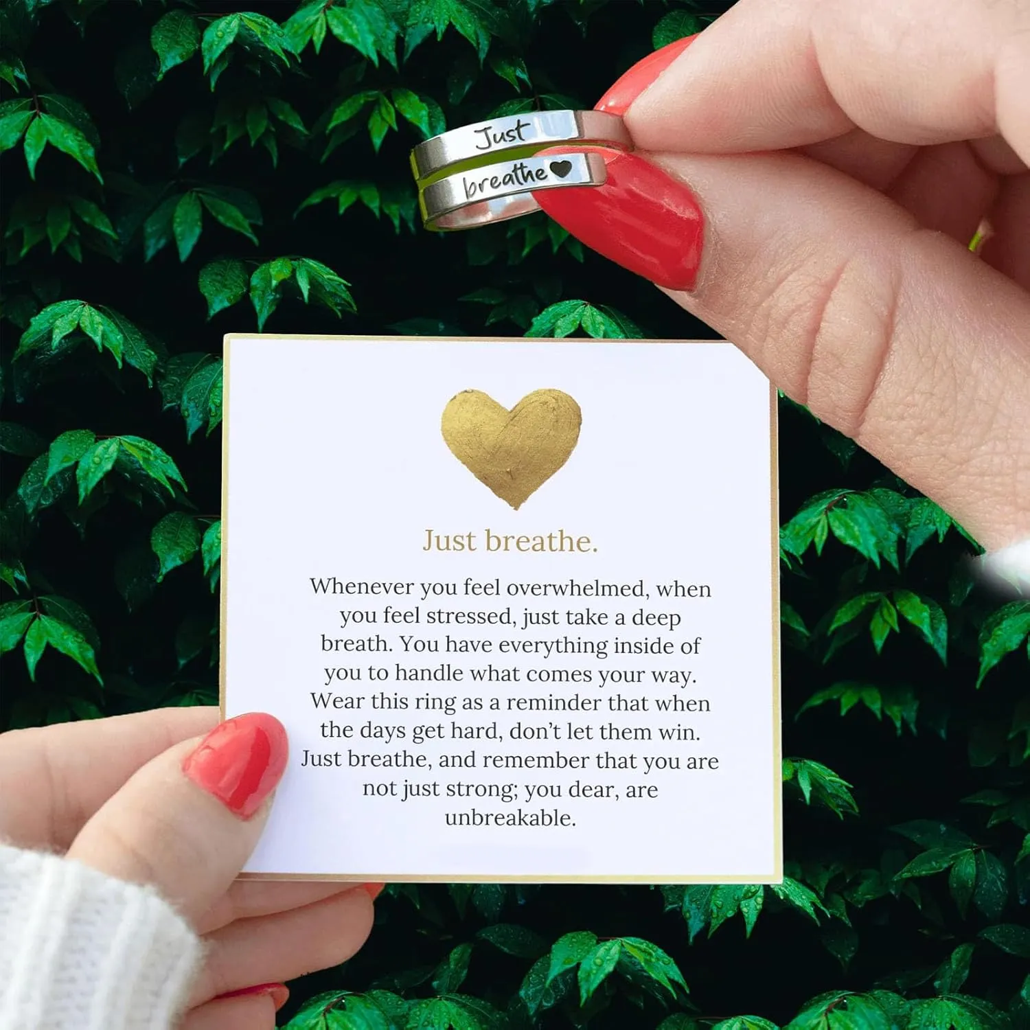 Angyape Just Breathe Ring For Women, Adjustable Inspirational Heart Rings Stainless Steel Spiral Wrap Twist Healing Rings To Sorority Sisters Open Motivational Encouragement Love Yourself Jewelry