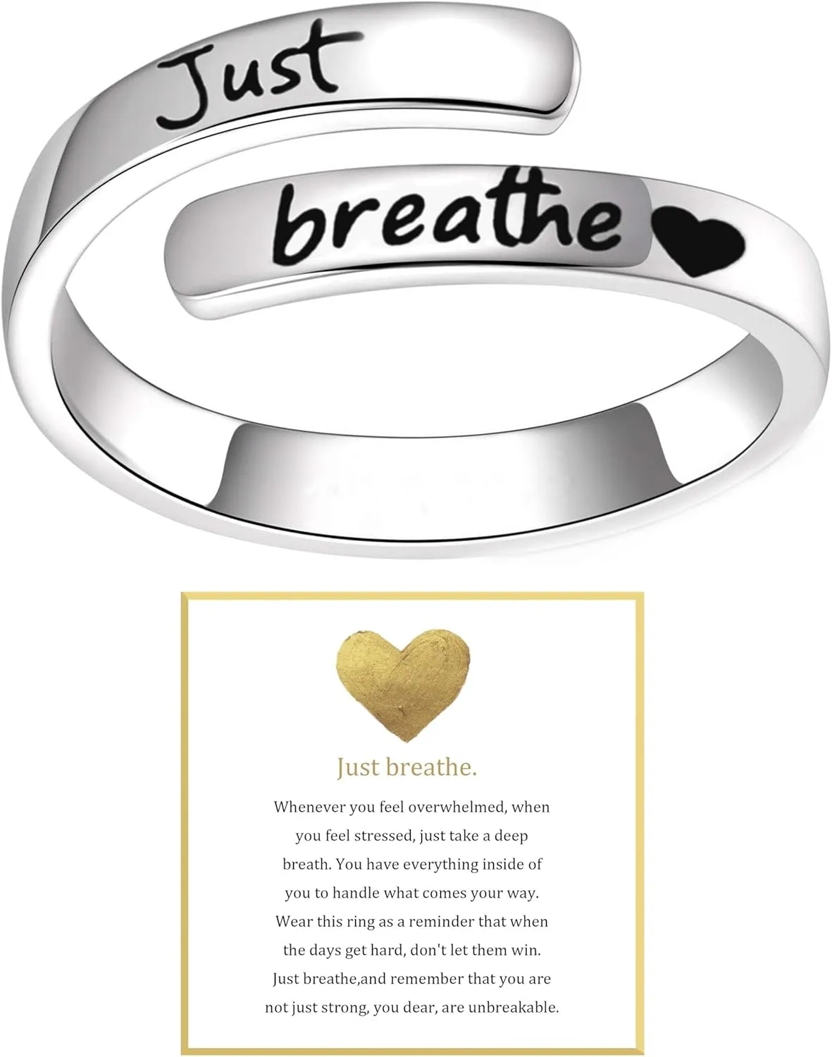 Angyape Just Breathe Ring For Women, Adjustable Inspirational Heart Rings Stainless Steel Spiral Wrap Twist Healing Rings To Sorority Sisters Open Motivational Encouragement Love Yourself Jewelry