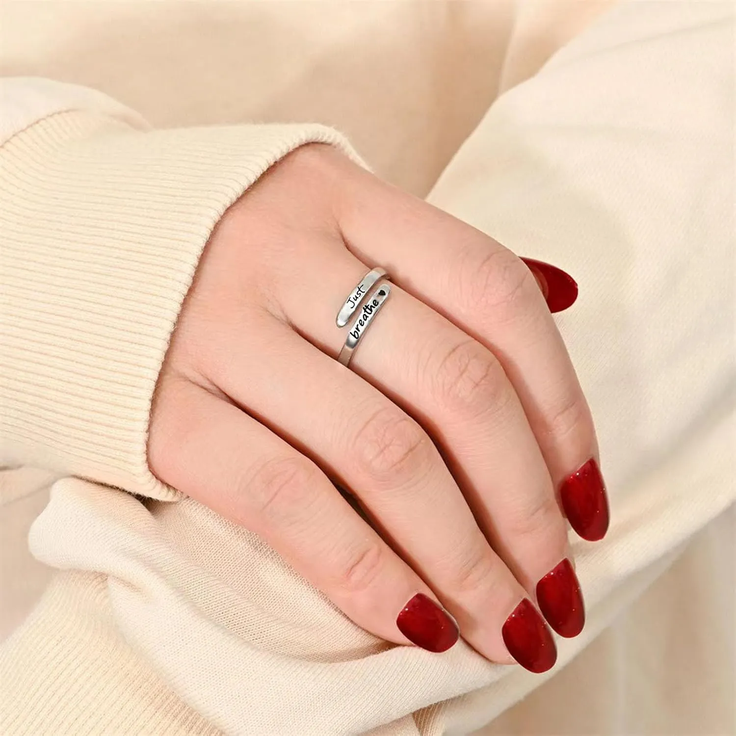 Angyape Just Breathe Ring For Women, Adjustable Inspirational Heart Rings Stainless Steel Spiral Wrap Twist Healing Rings To Sorority Sisters Open Motivational Encouragement Love Yourself Jewelry