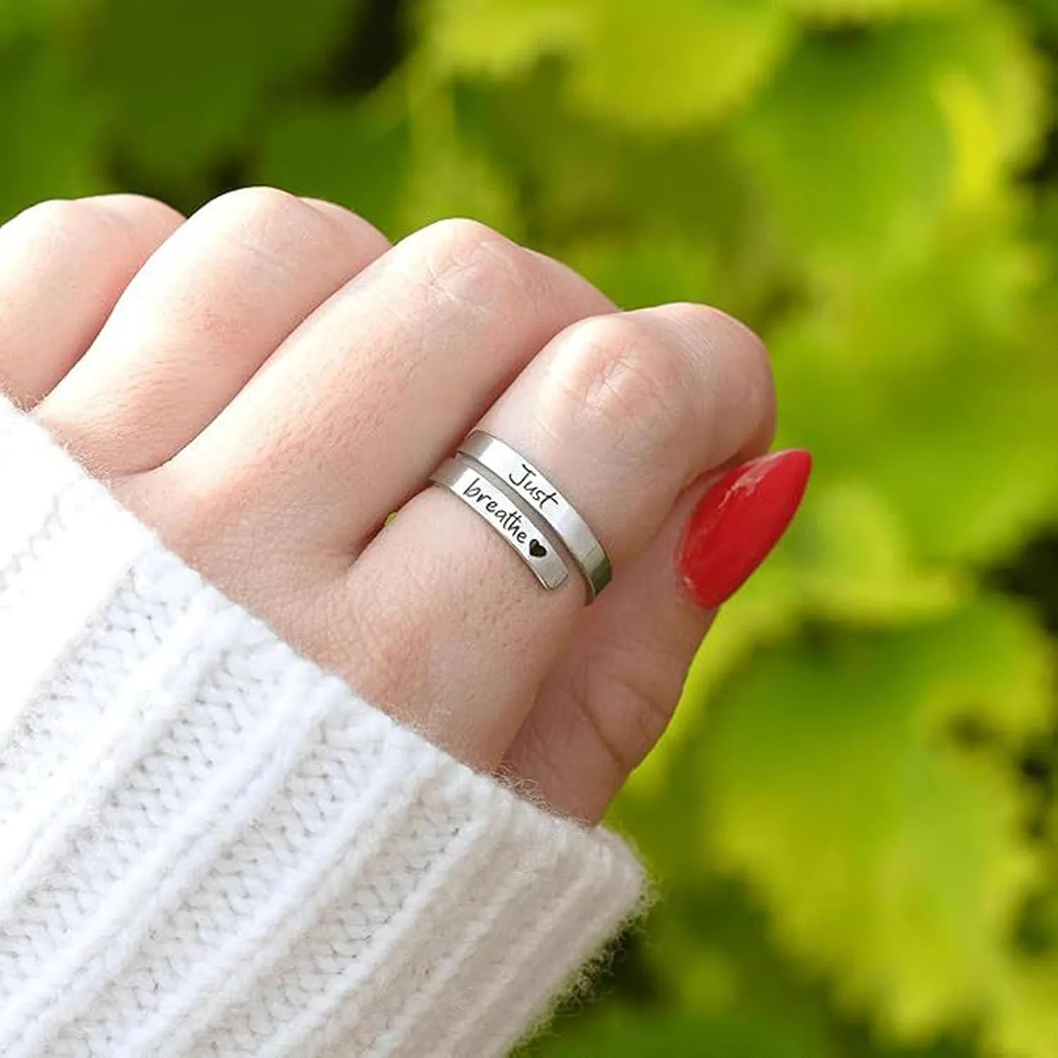 Angyape Just Breathe Ring For Women, Adjustable Inspirational Heart Rings Stainless Steel Spiral Wrap Twist Healing Rings To Sorority Sisters Open Motivational Encouragement Love Yourself Jewelry
