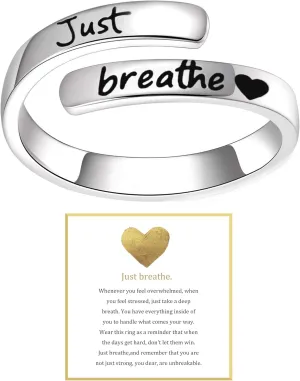 Angyape Just Breathe Ring For Women, Adjustable Inspirational Heart Rings Stainless Steel Spiral Wrap Twist Healing Rings To Sorority Sisters Open Motivational Encouragement Love Yourself Jewelry