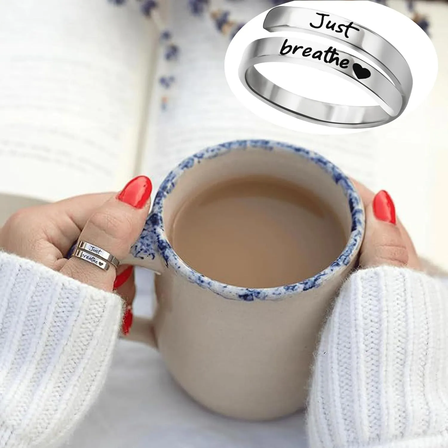 Angyape Just Breathe Ring For Women, Adjustable Inspirational Heart Rings Stainless Steel Spiral Wrap Twist Healing Rings To Sorority Sisters Open Motivational Encouragement Love Yourself Jewelry