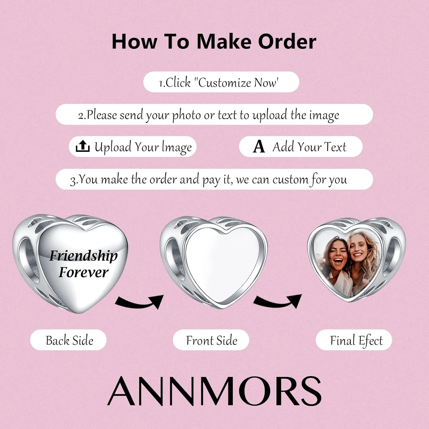 Annmors Personalized Photo Charms For Bracelets/Necklace 925 Sterling Silver Love Heart Shaped Engraved Customize Picture Gift for Birthday Mother's Day,Bead Charms Jewelry for Women