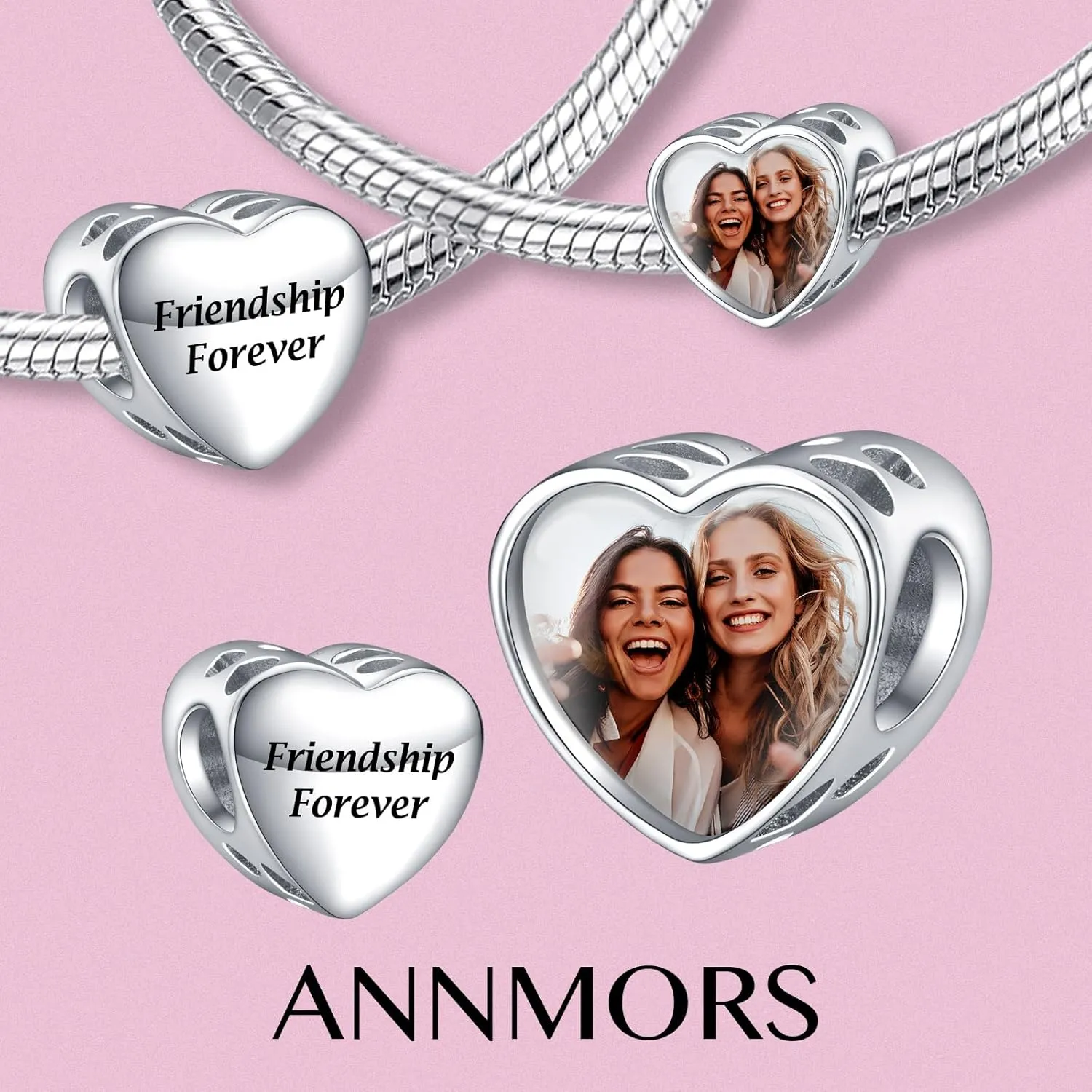 Annmors Personalized Photo Charms For Bracelets/Necklace 925 Sterling Silver Love Heart Shaped Engraved Customize Picture Gift for Birthday Mother's Day,Bead Charms Jewelry for Women