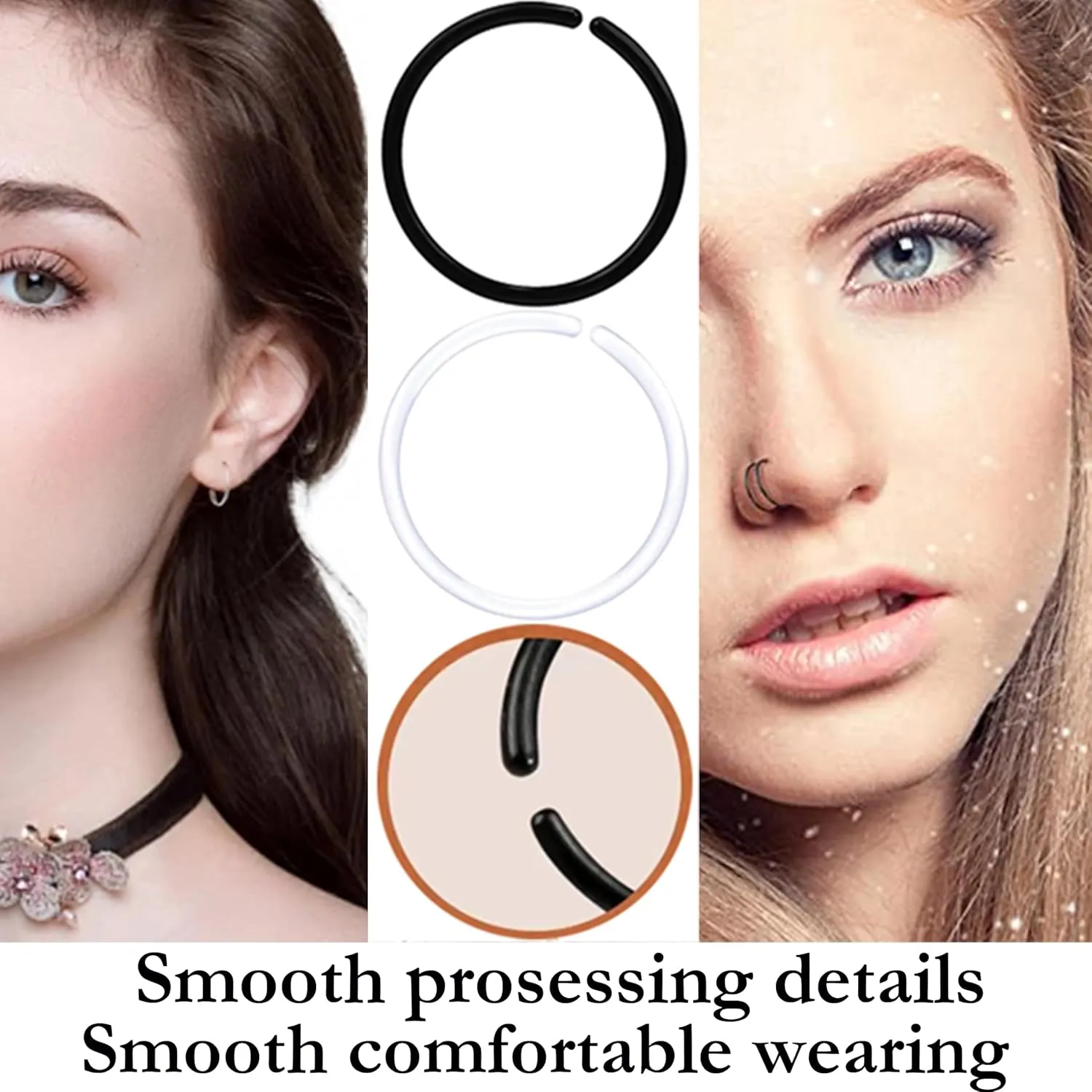 Anti-Allergy Plastic Hoop Ear Retainers and Clear Nose Rings, 20 Gauge, Unisex, for Sensitive Ears & Skin