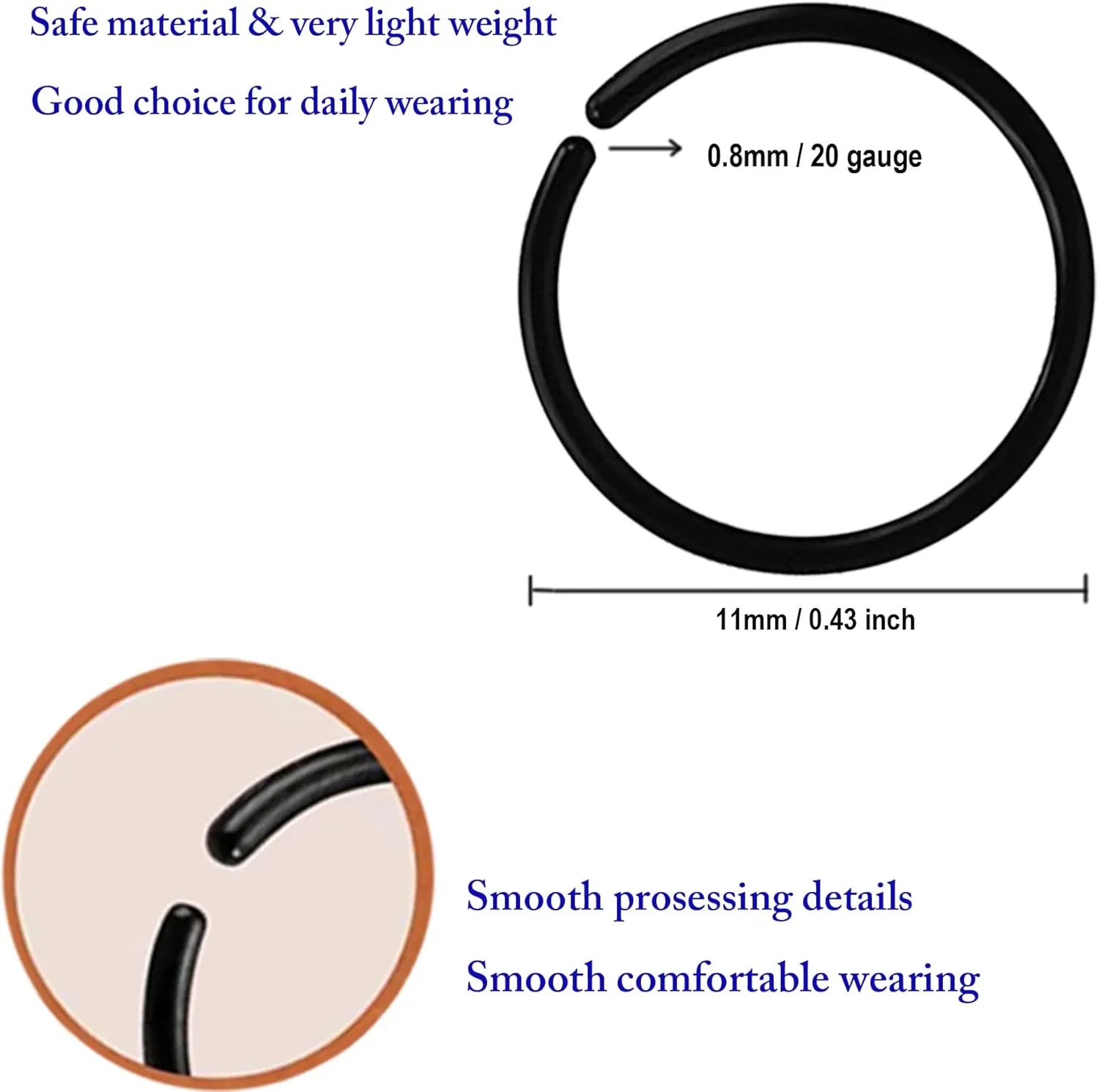 Anti-Allergy Plastic Hoop Ear Retainers and Clear Nose Rings, 20 Gauge, Unisex, for Sensitive Ears & Skin