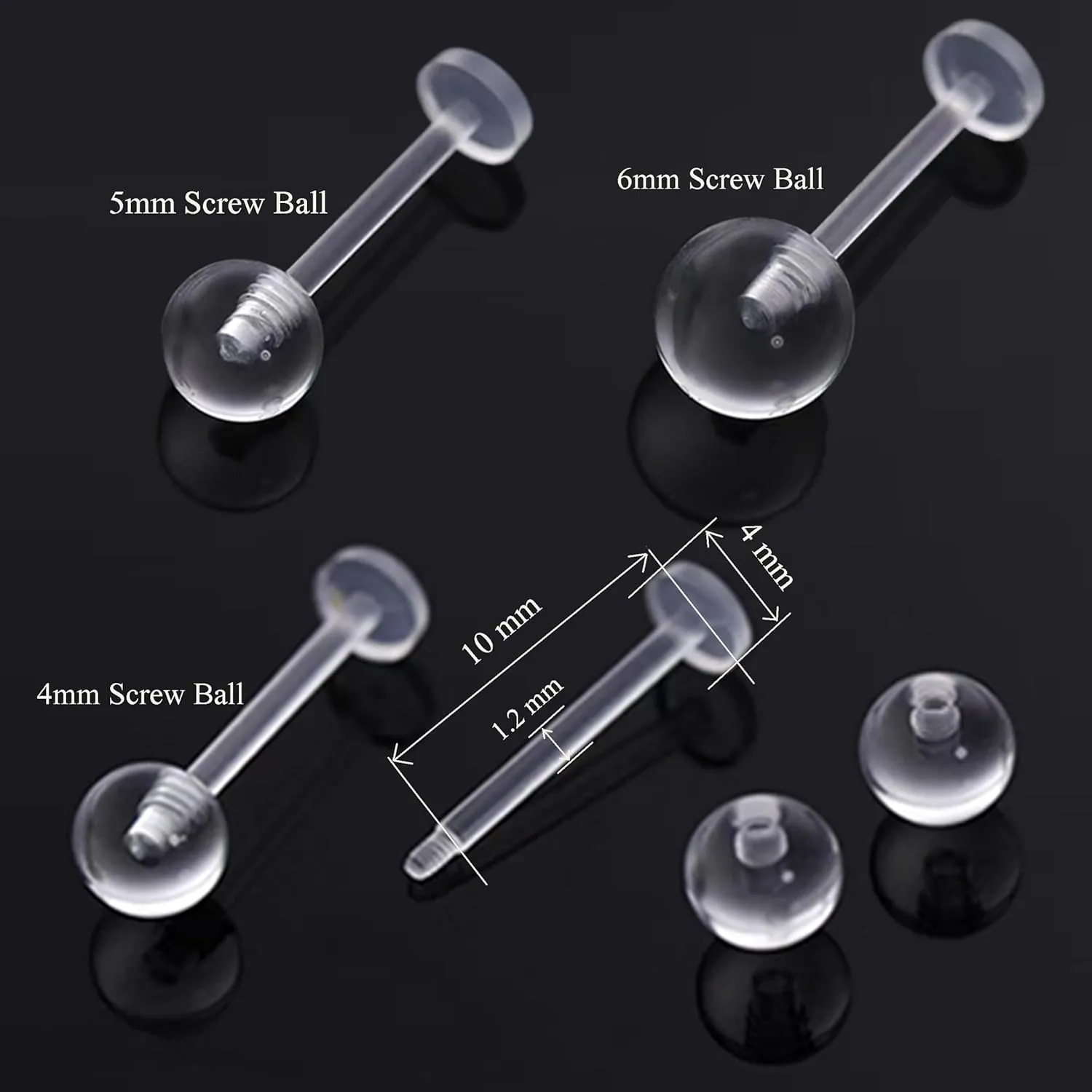 Anti-Allergy Plastic Stud Ear Retainers, Clear Nose Rings, Screw Ball Backs, For Sensitive Ears & Skin