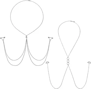 Aroncent Nipple Rings with Chain Necklace: 14G Nipple Barbell Body Jewelry for Women - 2 Pack Sexy Body Chain Set