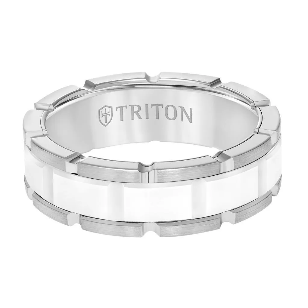 AUBIN 7MM White Tungsten Comfort Fit Ring with White Ceramic T-Link Design Center
