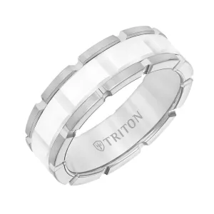 AUBIN 7MM White Tungsten Comfort Fit Ring with White Ceramic T-Link Design Center