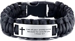 Awareness Paracord Braided Bible Verse Cross Bracelets for Women Men,1 Peter 5:7 Inspirational Encouragement Gifts Faith Engraved Stainless Steel Adjustable Religious Jewelry Cross Bracelet
