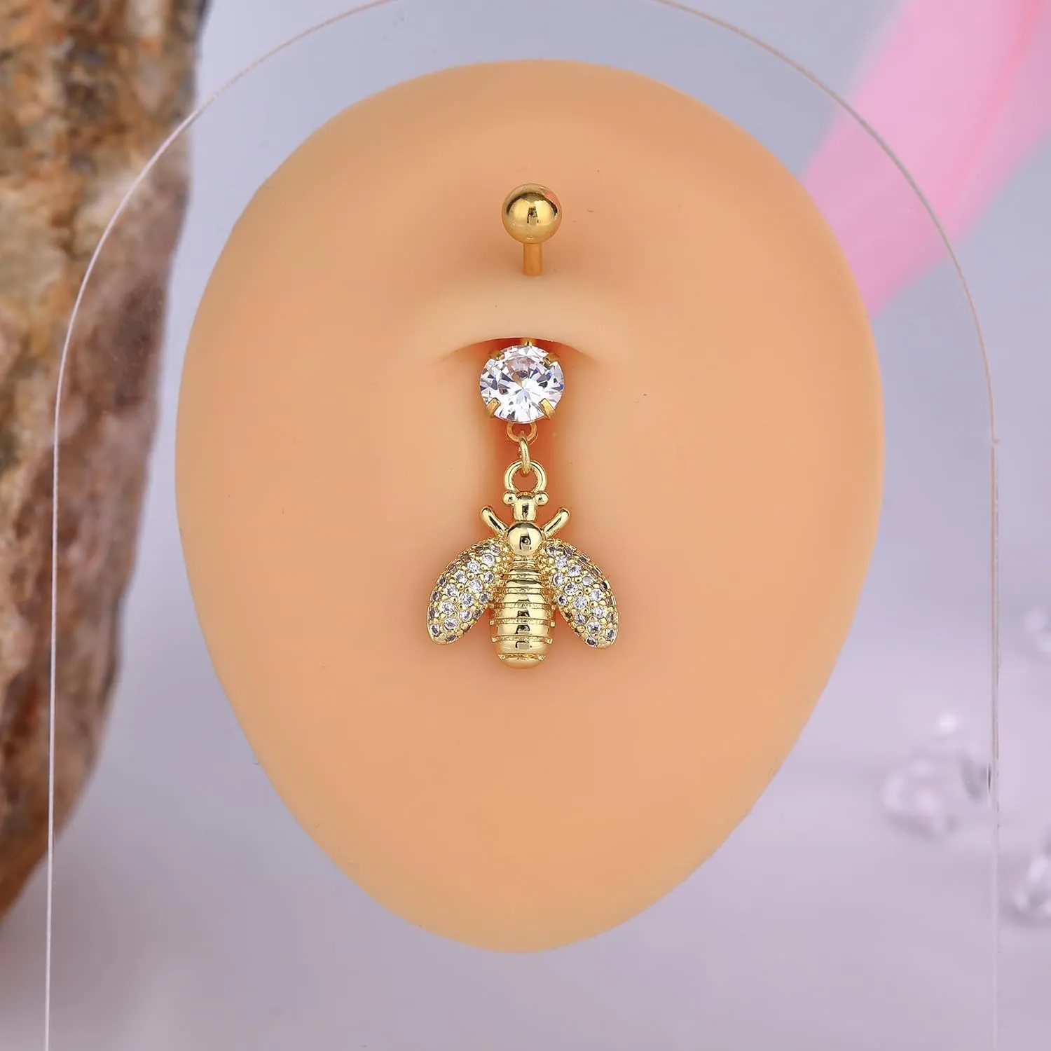 B BodyPJ Sparkles 14G CZ Crystal Belly Button Ring, Butterfly and Bee Dangle Navel Rings, Silver and Gold, Body Piercing Jewelry