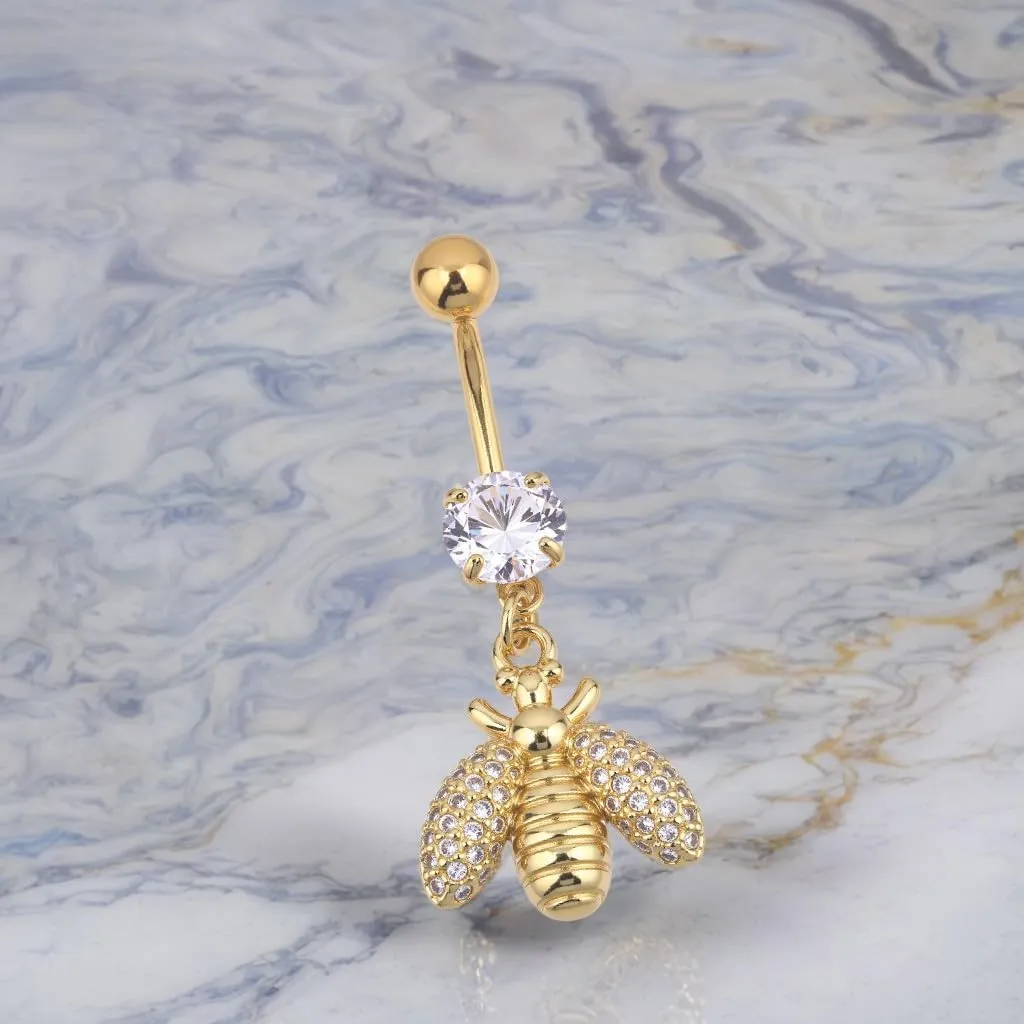 B BodyPJ Sparkles 14G CZ Crystal Belly Button Ring, Butterfly and Bee Dangle Navel Rings, Silver and Gold, Body Piercing Jewelry