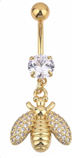 B BodyPJ Sparkles 14G CZ Crystal Belly Button Ring, Butterfly and Bee Dangle Navel Rings, Silver and Gold, Body Piercing Jewelry