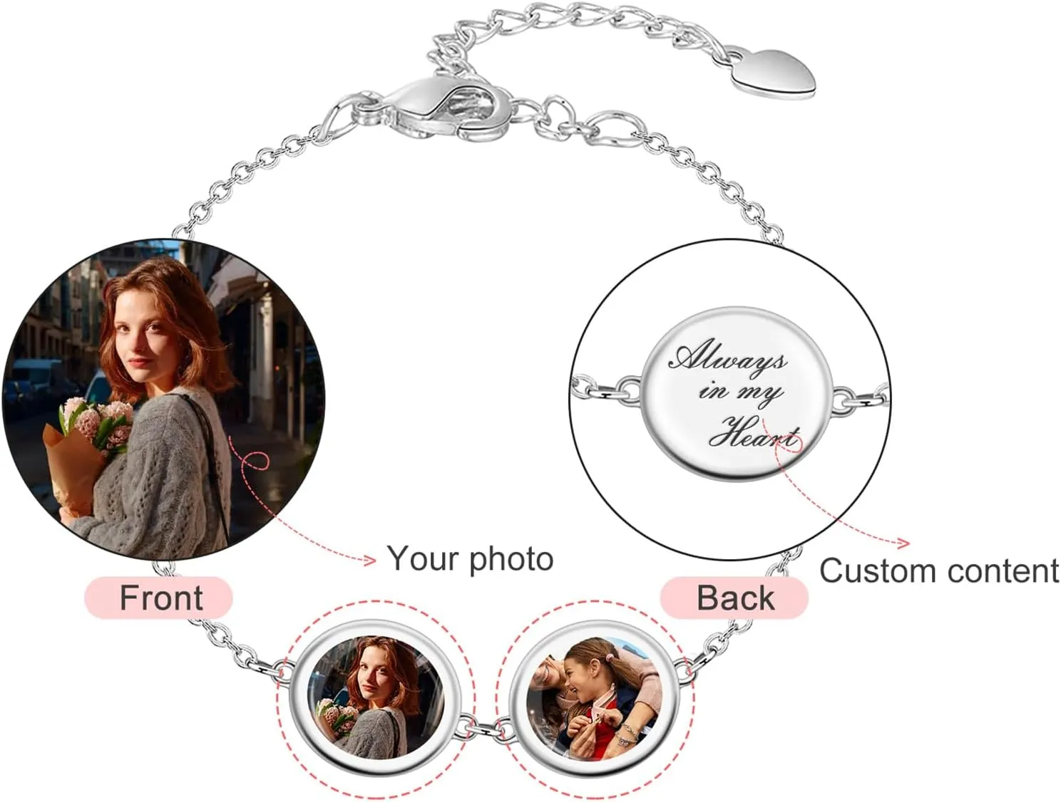 BABOOM Woman Personalized Photo Bracelet Customized Picture Bracelets 1-6 with Engraved Name Personalized Photo Memorial Bracelet Gift For Mother Women Men