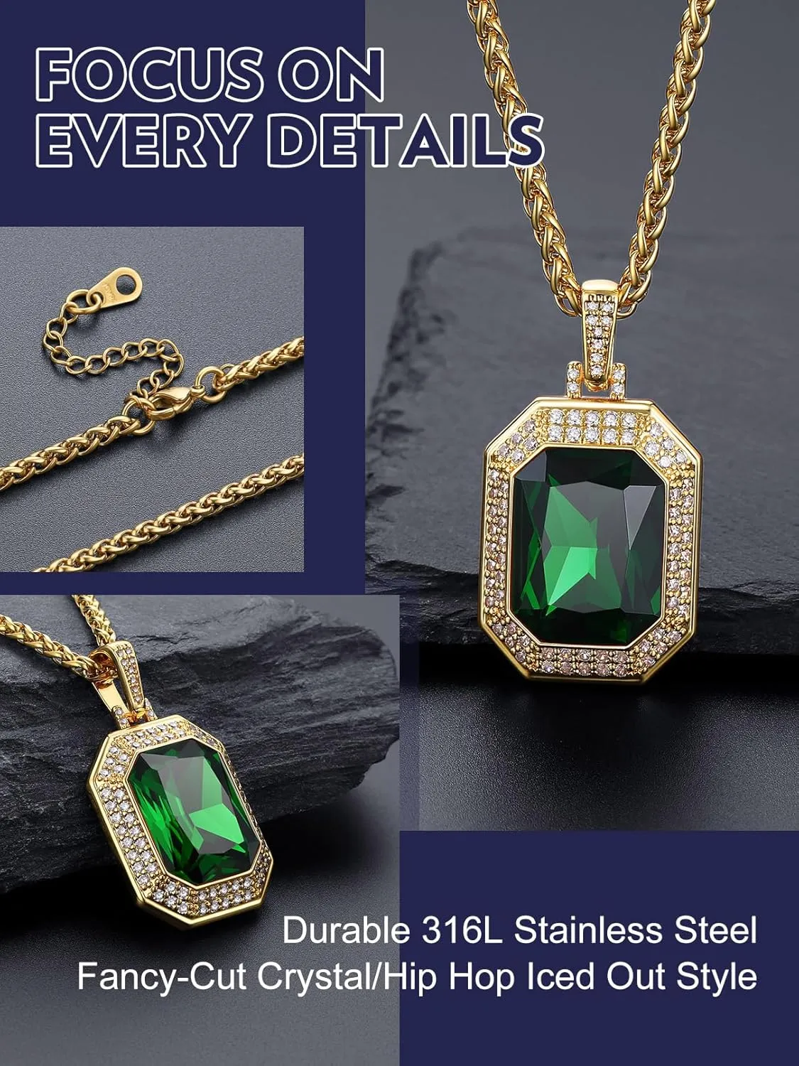 Bandmax Gothic Stone Pendant Necklaces for Men Women Stainless Steel Dragon Claw Ruby/Blue Topaz/Emerald/Black Onyx Gemstone Pendant Goth Punk Designer Necklace Halloween Jewelry