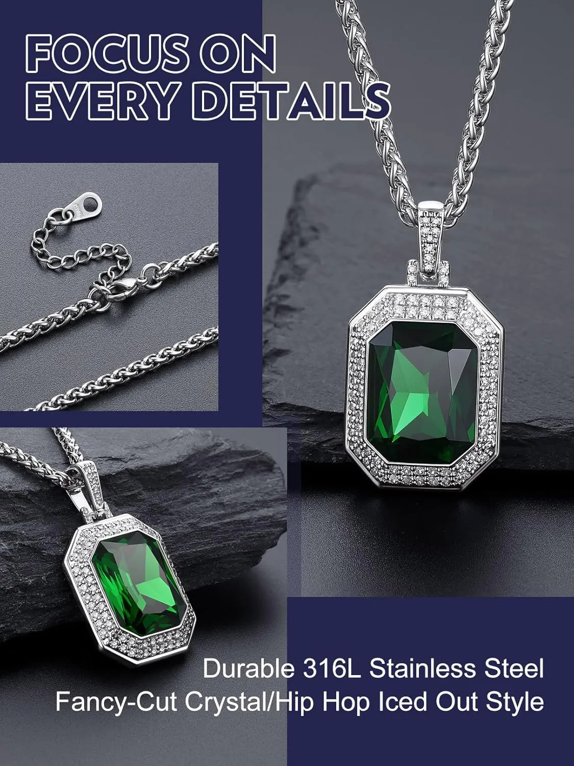 Bandmax Gothic Stone Pendant Necklaces for Men Women Stainless Steel Dragon Claw Ruby/Blue Topaz/Emerald/Black Onyx Gemstone Pendant Goth Punk Designer Necklace Halloween Jewelry