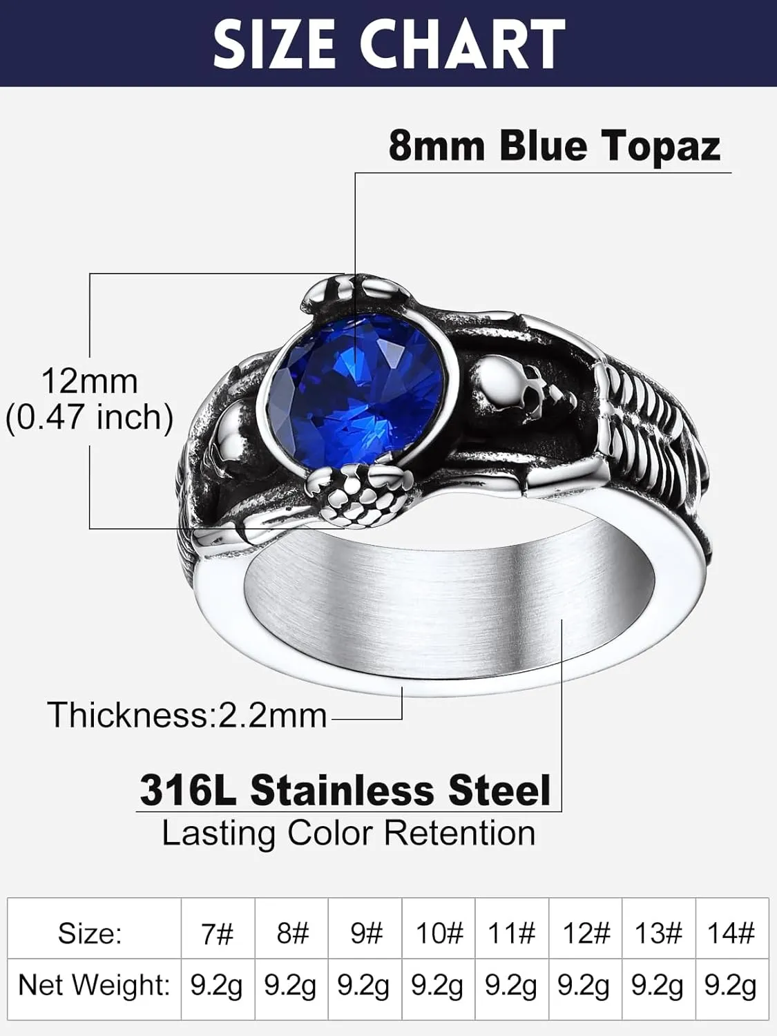 Bandmax Mens Luxury Gothic Rings, Stainless Steel Retro Style Crystal Stone Signet Ring Punk Halloween Costume Jewelry Ring for Men Women Gift Packed