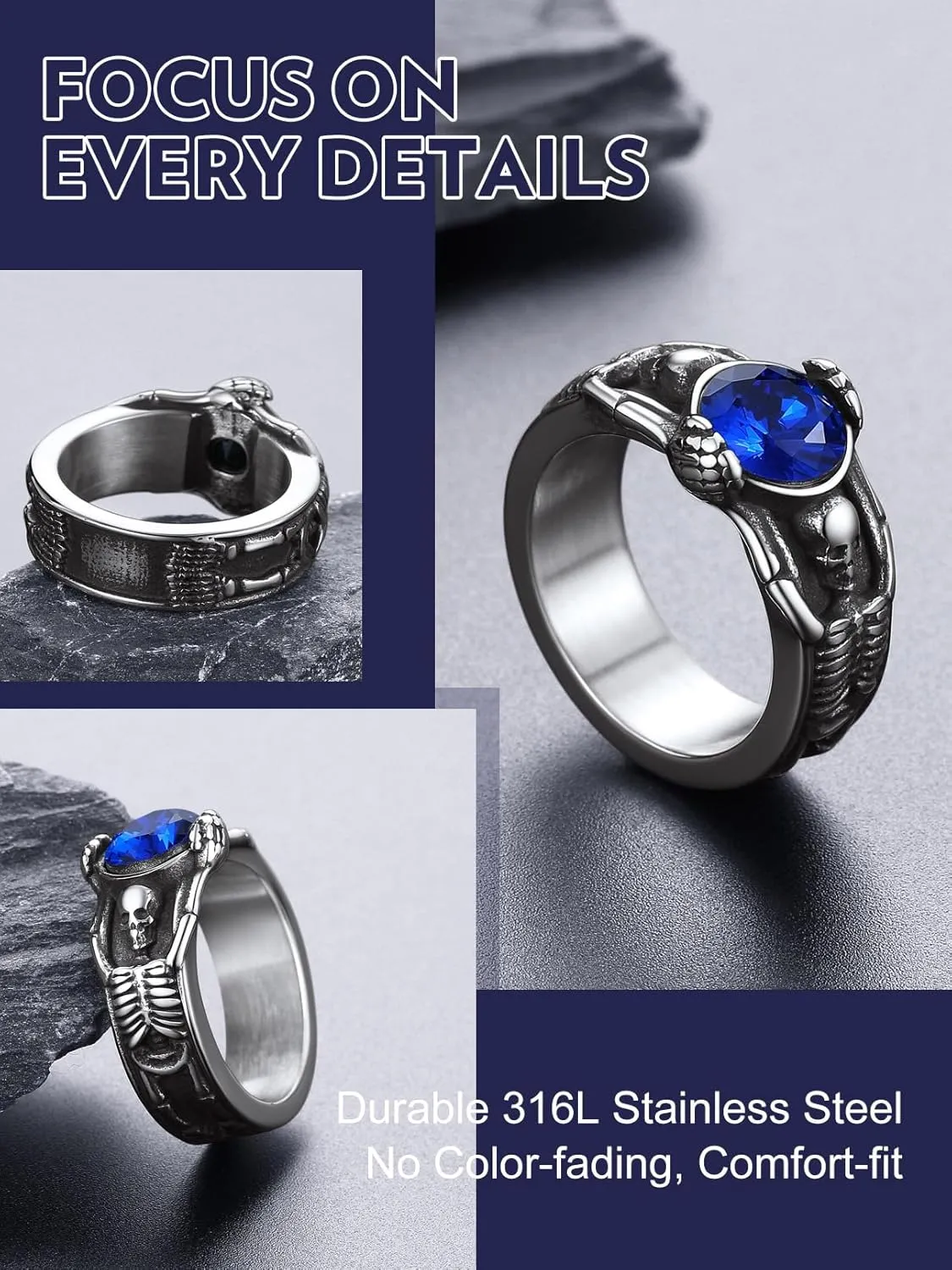 Bandmax Mens Luxury Gothic Rings, Stainless Steel Retro Style Crystal Stone Signet Ring Punk Halloween Costume Jewelry Ring for Men Women Gift Packed