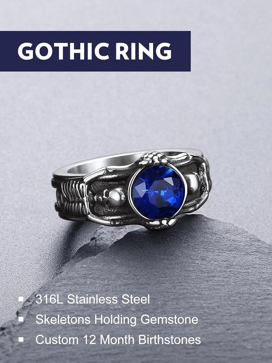 Bandmax Mens Luxury Gothic Rings, Stainless Steel Retro Style Crystal Stone Signet Ring Punk Halloween Costume Jewelry Ring for Men Women Gift Packed