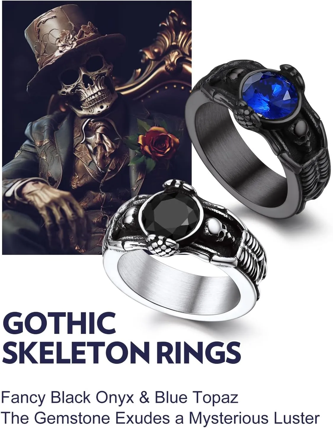 Bandmax Mens Luxury Gothic Rings, Stainless Steel Retro Style Crystal Stone Signet Ring Punk Halloween Costume Jewelry Ring for Men Women Gift Packed