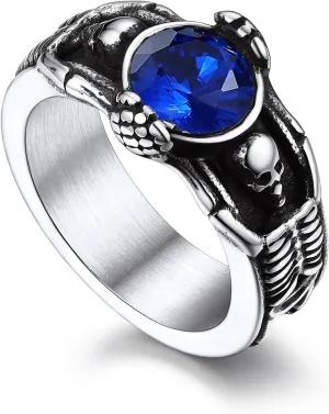 Bandmax Mens Luxury Gothic Rings, Stainless Steel Retro Style Crystal Stone Signet Ring Punk Halloween Costume Jewelry Ring for Men Women Gift Packed