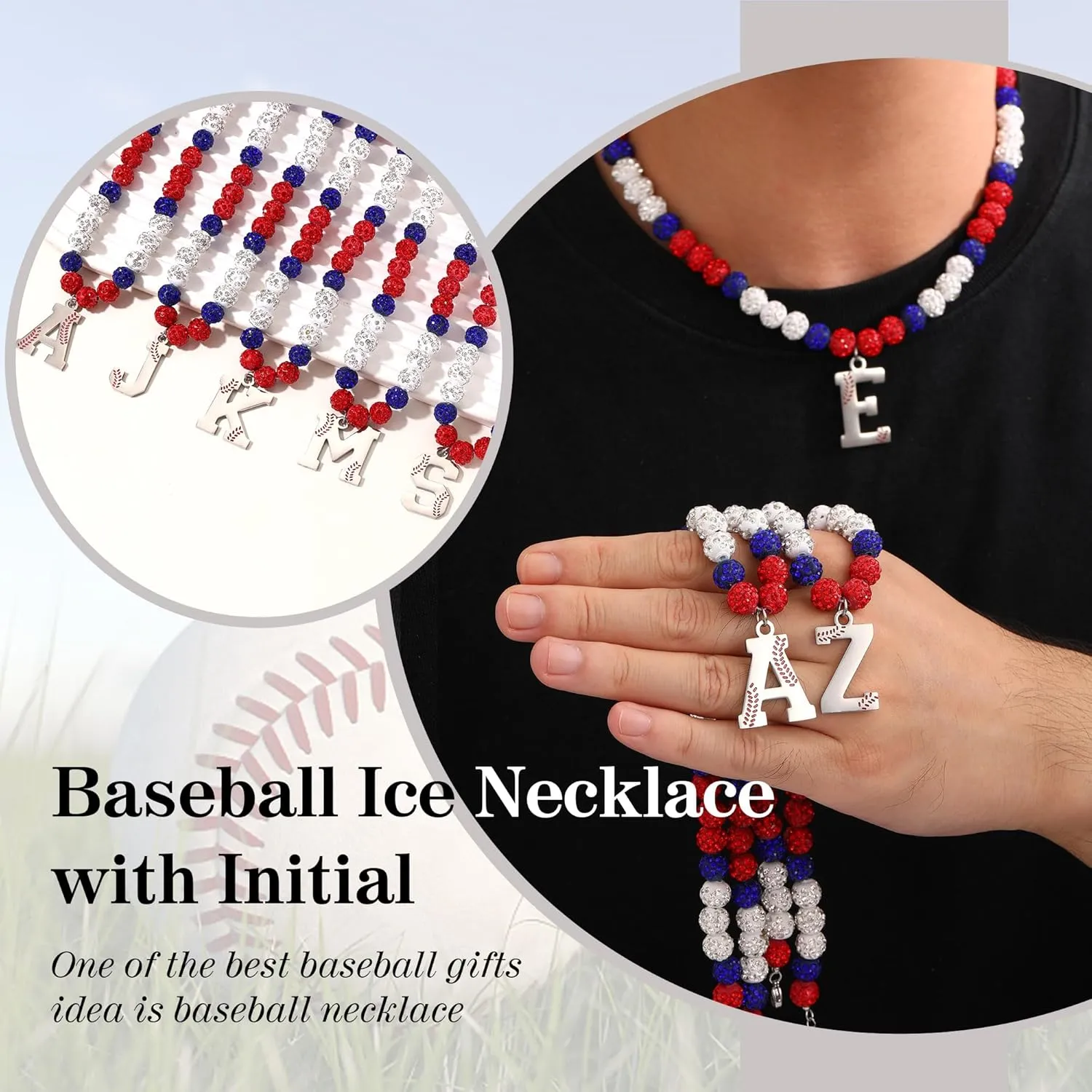 Baseball Necklaces Initial Necklace Baseball Coach Gifts Beaded Adjustable Letter A-Z Bling Baseball Necklace Rhinestone Baseball Accessories Stocking Stuffers for Teens Christmas Jewelry