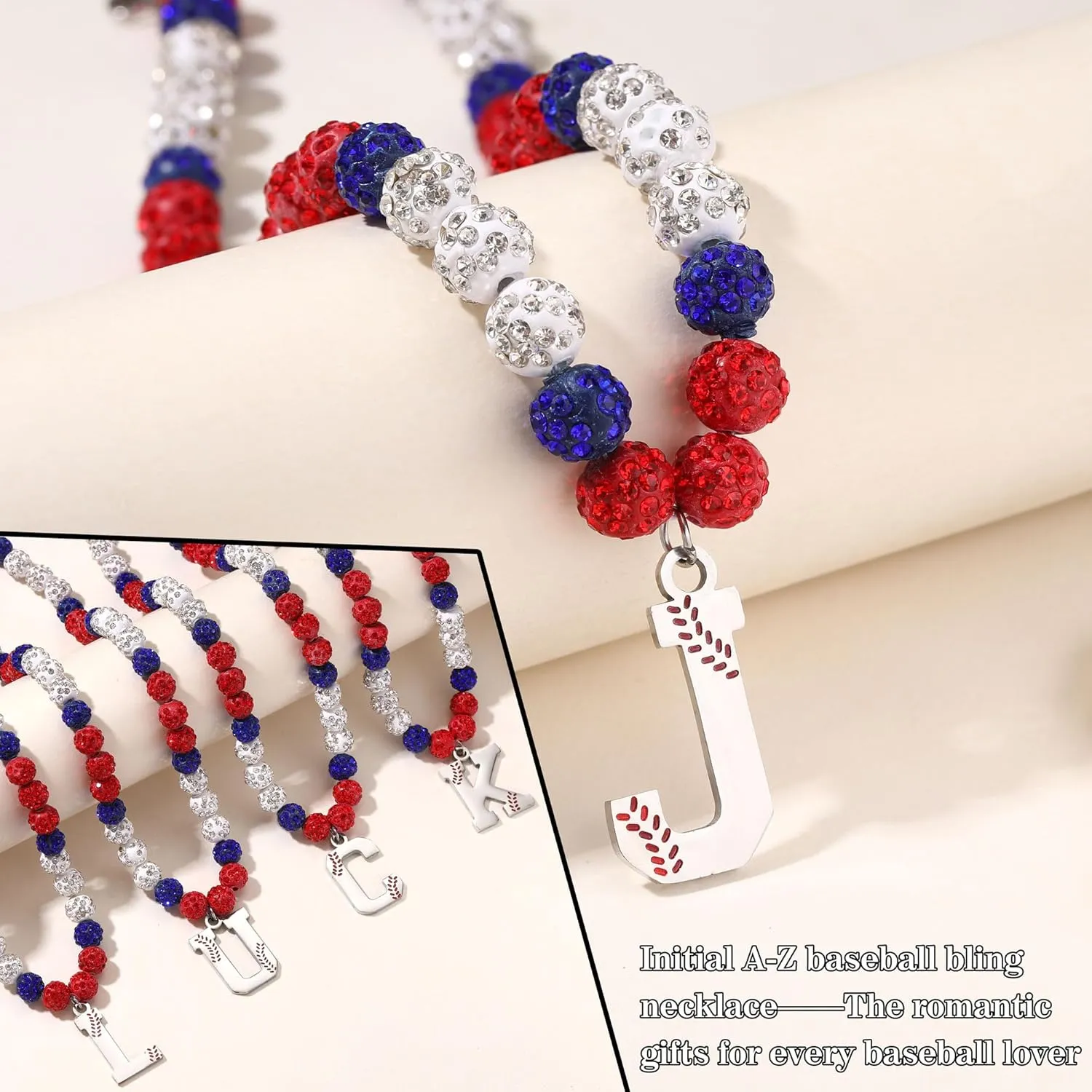 Baseball Necklaces Initial Necklace Baseball Coach Gifts Beaded Adjustable Letter A-Z Bling Baseball Necklace Rhinestone Baseball Accessories Stocking Stuffers for Teens Christmas Jewelry