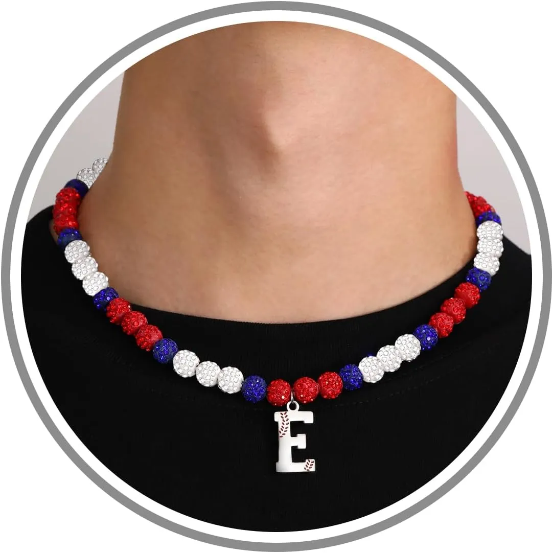 Baseball Necklaces Initial Necklace Baseball Coach Gifts Beaded Adjustable Letter A-Z Bling Baseball Necklace Rhinestone Baseball Accessories Stocking Stuffers for Teens Christmas Jewelry