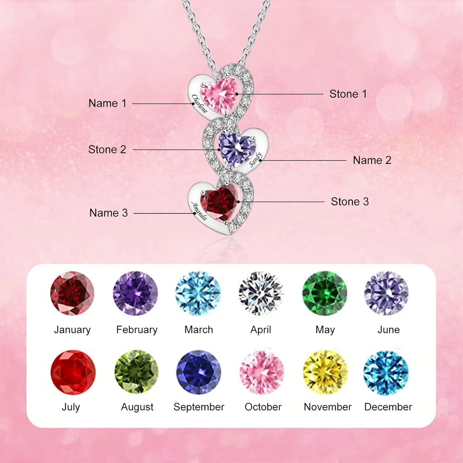 BAUMA AUTO Personalized Heart Pendant Necklace 1-6 Heart Birthstones Mother Birthstone Jewelry Custom Necklaces for Women Grandmother Mom Daughter Mother's Day