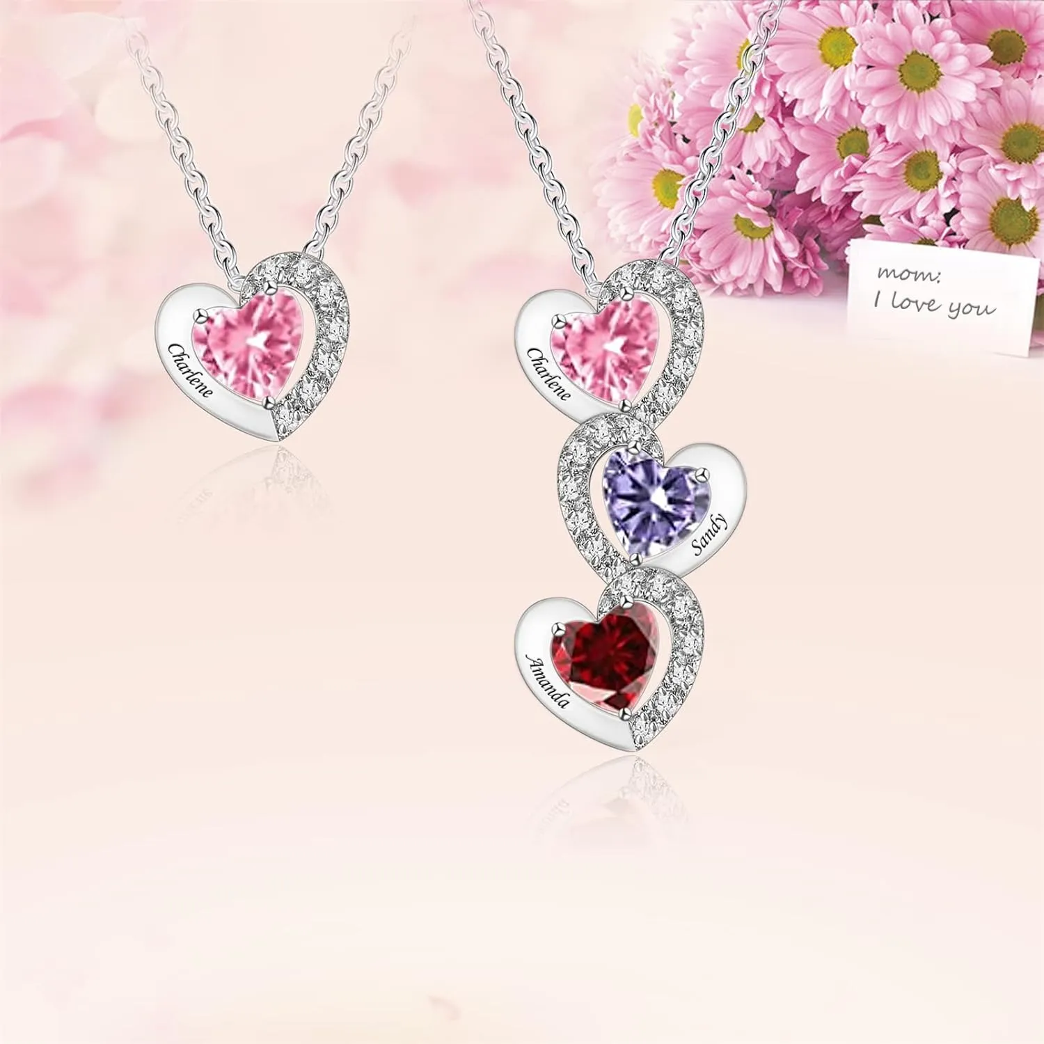 BAUMA AUTO Personalized Heart Pendant Necklace 1-6 Heart Birthstones Mother Birthstone Jewelry Custom Necklaces for Women Grandmother Mom Daughter Mother's Day