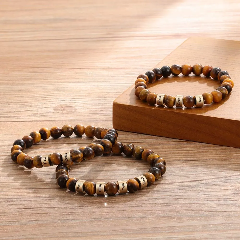 Beaded Bracelets for Men & Women -Personalized Stone Beads Bracelets Custom Name Engraved Bracelet Lava Beads Bracelet for Husband Father Grandpa as Fathers Day Birthday Gift