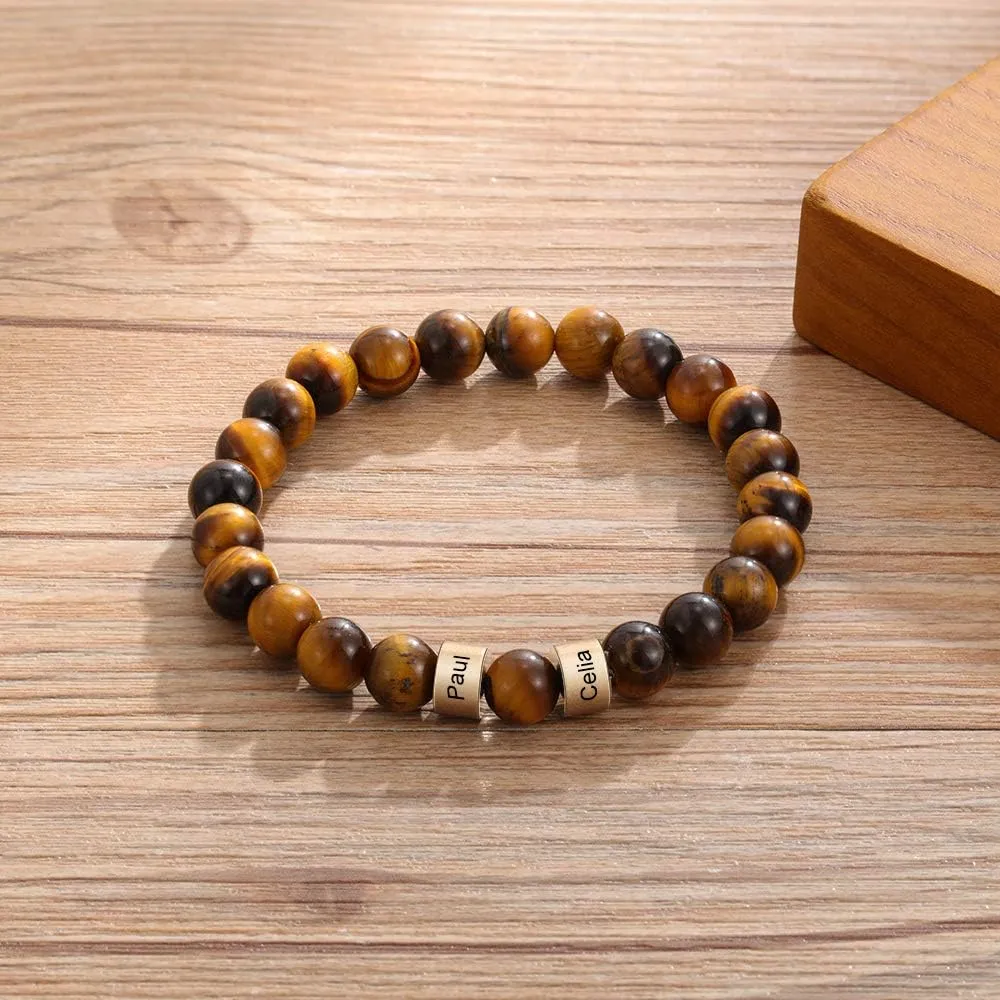 Beaded Bracelets for Men & Women -Personalized Stone Beads Bracelets Custom Name Engraved Bracelet Lava Beads Bracelet for Husband Father Grandpa as Fathers Day Birthday Gift
