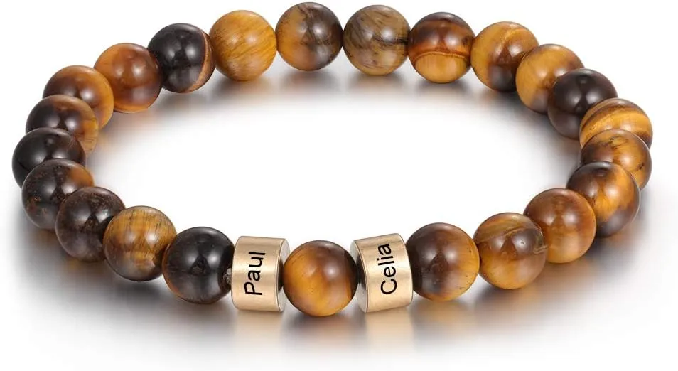 Beaded Bracelets for Men & Women -Personalized Stone Beads Bracelets Custom Name Engraved Bracelet Lava Beads Bracelet for Husband Father Grandpa as Fathers Day Birthday Gift