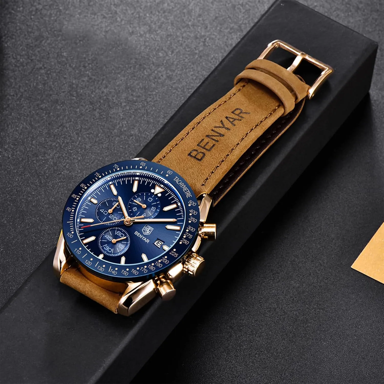 BENYAR Men's Watch Quartz Movement Chronograph 30M Waterproof Luminous Casual Sports Business Men's Leather Watch