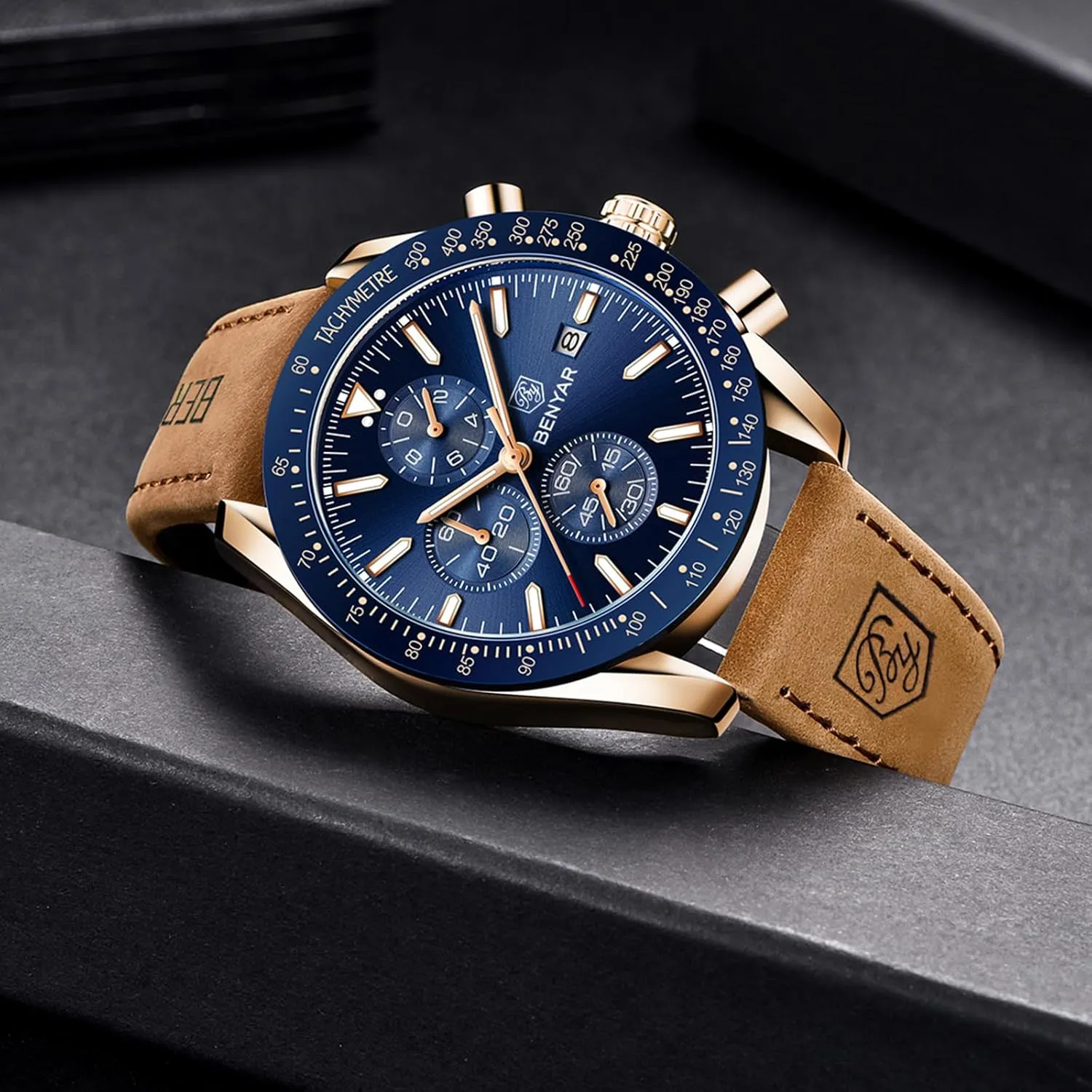 BENYAR Men's Watch Quartz Movement Chronograph 30M Waterproof Luminous Casual Sports Business Men's Leather Watch