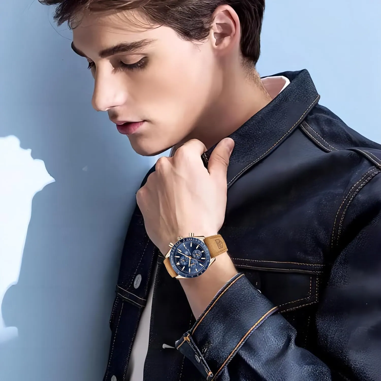 BENYAR Men's Watch Quartz Movement Chronograph 30M Waterproof Luminous Casual Sports Business Men's Leather Watch